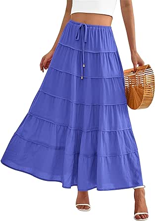 MASCOMODA Summer Long Maxi Skirt for Women 2024 Causal Boho Flowy High Waisted Ruffle Tiered A-Line Beach Skirts with Pockets