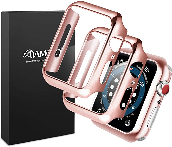 AMOVO [2 Pack] Matt Case for Apple Watch Series 6/5/4/SE 40mm Built-in Tempered Glass Screen Protector [3D Full Coverage] [Anti Scratch] Hard PC Protective Case for iWatch (40mm, Matt Rosegold)
