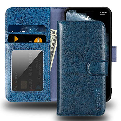 JISONCASE iPhone X Wallet Case,Genuine Leather iPhone Xs Case with Card Holder & RFID Blocking & Wireless Charging,Shockproof Protective Cover Flip Case for Apple iPhone X 10 XS 5.8"- Blue