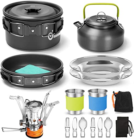 Odoland 16pcs Camping Cookware Mess kit for Camping, Backpacking, Outdoor Cooking and Picnic with Folding Camping Stove, Non-Stick Lightweight Pot Pan Kettle Set with Stainless Steel Cups Plates Forks Knives Spoons