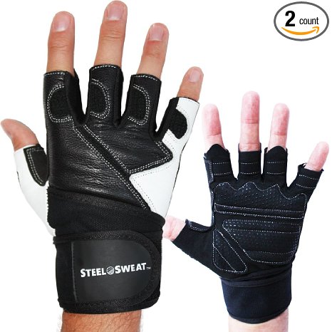 Weightlifting Gloves with Wrist Wrap Support for Gym Fitness Training Workout and Crossfit By Steel Sweat - Leather