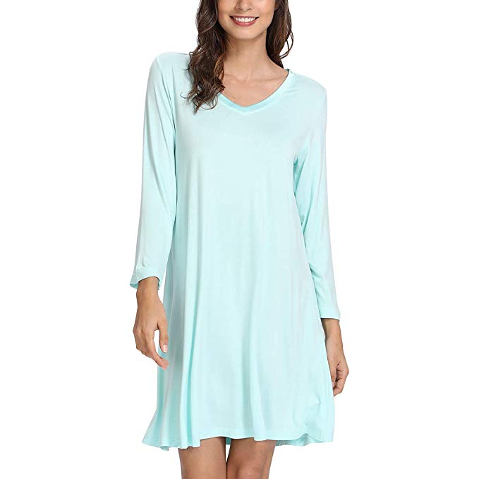WiWi Soft Bamboo Long Sleeve Nightgowns for Women V Neck Sleep Shirt