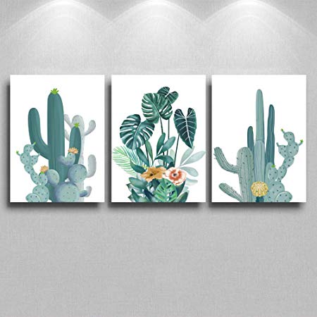 Canvas Print Wall Decor Art Watercolor Green Leaf Cactus Plant Pictures Painting 12" x 16" x 3 Pieces Fresh Style Framed Ready to Hang for Living Room Office Kitchen Study Room Home Decoration