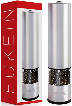 Eukein Electric Pepper Grinder, Electric Salt Grinder, Battery Powered Automatic Salt Or Pepper Mill Shaker With A Light Set At Bottom, One Hand Grips Thumb Operation, Refillable, Ceramic Burr (Single Grinder)