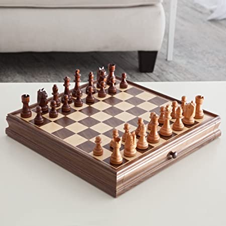Deluxe Chess & Checker Game Gift Set with Bonus Storage Playing Board, Walnut