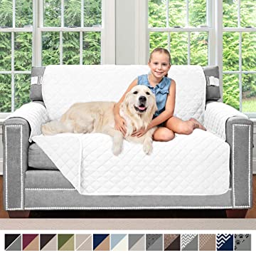 Sofa Shield Original Patent Pending Reversible Loveseat Protector for Seat Width up to 54 Inch, Furniture Slipcover, 2 Inch Strap, Couch Slip Cover Throw for Pets, Dogs, Love Seat, White