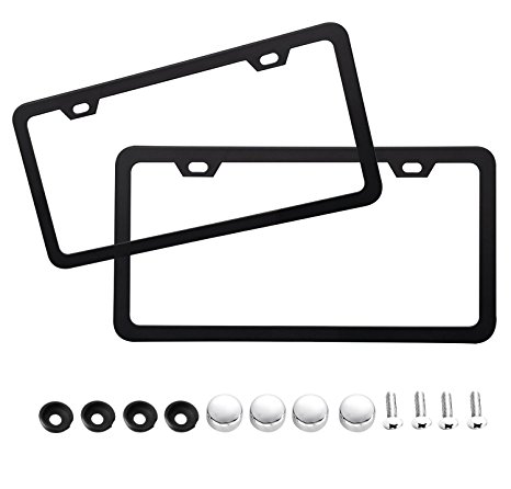 Amandir 2 Pack Stainless Steel License Plate Frames Matte Black Custom License Plate Frames License Plate Covers Holder with Two Holes and Chrome Screw Caps