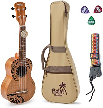 Hola! Music HM-121TT  Laser Engraved Mahogany Soprano Ukulele Bundle with Aquila Strings, Padded Gig Bag, Strap and Picks - Tribal Tattoo