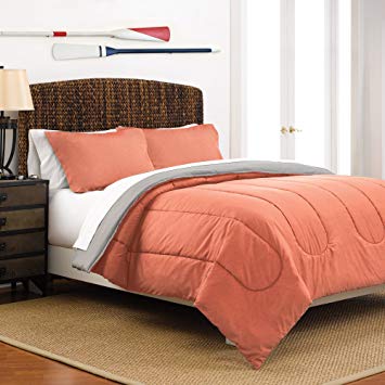 Martex Two-Tone Solid Color Reversible Comforter and Sham Bedding Set - Super Soft Brushed Fabric - Coral Reversing to Light Grey, Full/Queen
