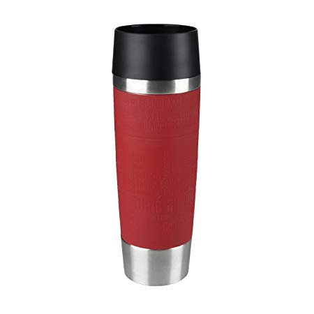 Tefal K3084214 Travel Mug Grande, Reusable Drink Bottle To Go, Quick Press Closure, Red Silicone Bottle Sleeve, 500 ml