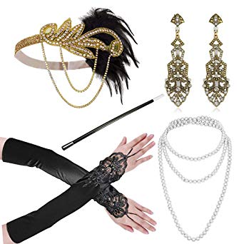 1920s Accessories Headband Earrings Necklace Gloves Cigarette Holder Flapper Costume Accessories Set for Women