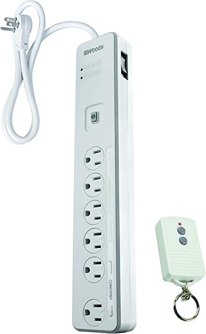 Woods 41715 Energy Saving Surge Protector Power Strip with 80 Foot Range Remote Control Outlets, 1080J of Protectio, 5 Foot Cord