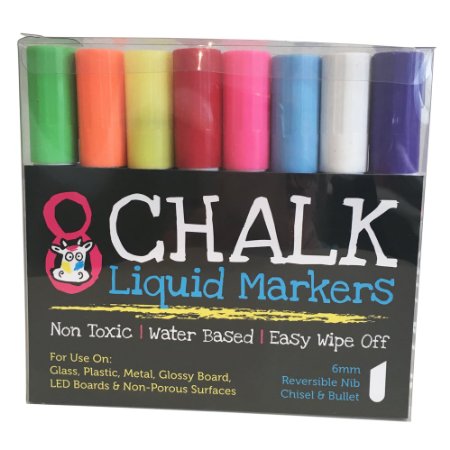 BEST Chalk Markers 8 Pack Water-Based Non-Toxic EASY Cleanup 6mm Chalk Pencil Chisel and Bullet Reversible Tip FANTASTIC Business Menu Board School ArtCraft BONUS 8 Chalkboard Labels