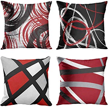 Emvency Set of 4 Throw Pillow Covers Red and Black White Gray Pattern Retro Abstract Stripes Spiral Decorative Pillow Cases Home Decor Square 16x16 Inches Pillowcases