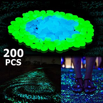 Boomile 200Pack Glow in the Dark Garden Pebbles for Walkways/ Outdoor Decor/ Aquarium/ Fish Tank, Outdoor Garden Decorative Stones in Blue & Green ATSC-520