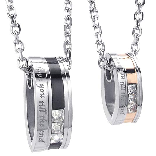 KONOV 2pcs Mens Womens CZ Couples Stainless Steel Love Pendant Love Necklace, 18 & 22 inch Chain