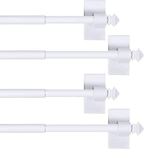 H.VERSAILTEX 4 PACK Magnetic Curtain Rods for Metal Doors Multi-Use Rods for Small Windows Cafe Sidelight and Iron Steel Places, Tool Free with Square Finials (Adjust from 9 to 16 Inch, White)