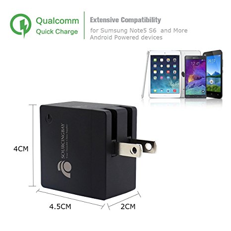 [Qualcomm Certified] Quick Charge 2.0 18W Usb Port Wall Charger Fast Charger For Samsung Galaxy S6, S6 Edge, Note 4/Edge and more Android Powered devices - [Sourcingbay] Black