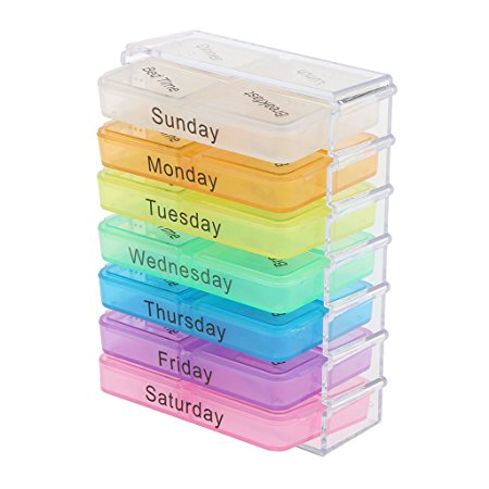 MagiDeal Transparent Large Weekly Medicine Storage Case 7 Day 28 Compartments Pill Vitamin Capsule Box Organizer Holder - 4 TIMES A DAY - breakfast/ lunch/ dinner/ bed time reminder - english word, as described