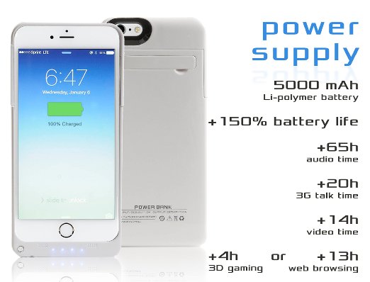 iPhone 6 6s PLUS Battery Case, TechOrbits Premium Extended Battery Case for iPhone 6 6s PLUS (5.5 inch) with 4800 mAh Capacity / LIGHTNING CABLE (WHITE)