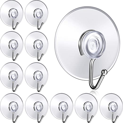 Boao 45 mm Bathroom Kitchen Clear Plastic Suction Cup Wall Hooks Hangers, Waterproof No Drill Glue Needed, Set of 12 Pieces