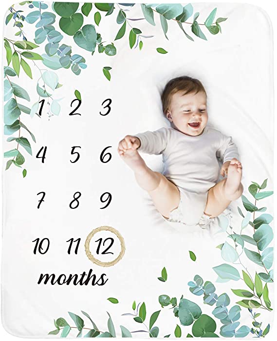 Baby Monthly Milestone Blanket Boy - Neutral Newborn Month Blanket for Boy & Girl Personalized Shower Gift Soft Plush Fleece Photography Background Prop with Wooden Wreath Large 51''x40''