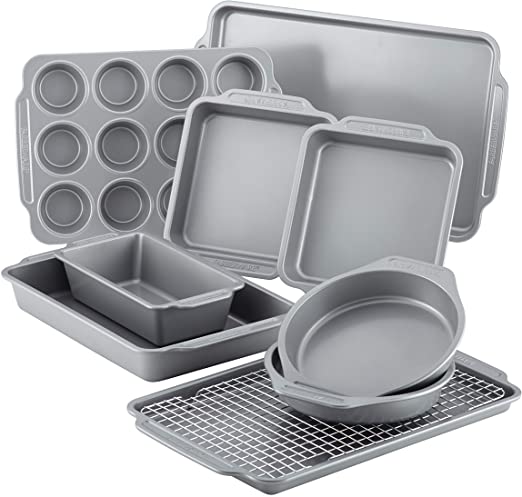 Farberware Nonstick Steel Bakeware Set with Cooling Rack, Baking Pan and Cookie Sheet Set with Nonstick Bread Pan and Cooling Grid, 10-Piece Set, Gray