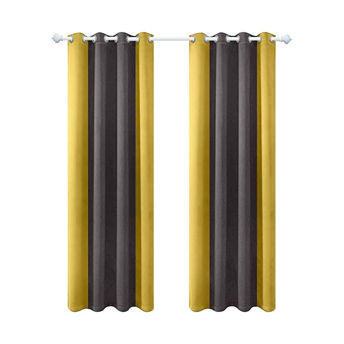 Orval Soundproof, Thermal Insulated, Polyester Splicing Window Curtains with Grommets & Tiebacks, All Season Curtains for Home/Kitchen/Drawing Room - Yellow/Dark Gray Color, W52 X L84, 1 Panel