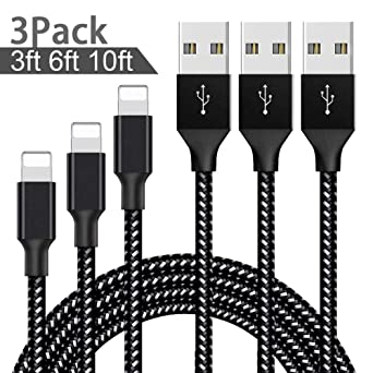 Lightning Cable,iPhone Charger Cables 3Pack 3FT 6FT 10FT to USB Syncing Data and Nylon Braided Cord Charger for iPhone XS/Max/XR/X/8/6Plus/6S/7Plus/7/8Plus/SE/iPad and More-Blackwhite