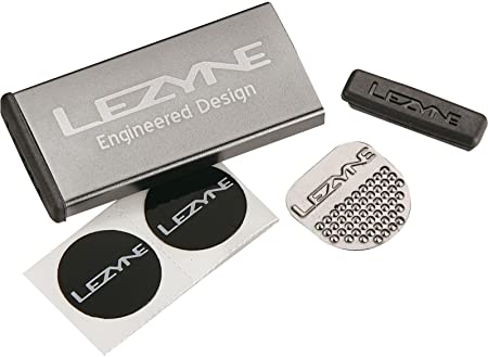 LEZYNE Metal Bicycle Tire Patch Kit, 6 Glueless Patches, 1 Tire Boot, Stainless Steel Scuffer, Cycling Tire Repair Kit
