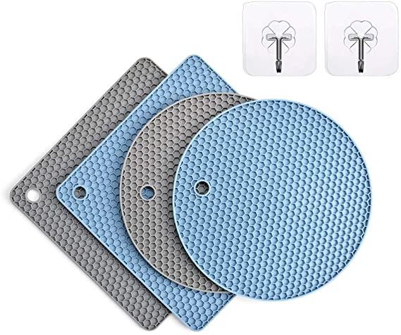 Silicone Trivet Mats,4 Packs Grey & Blue Hot Pot Holders,Heat Resistant Mats for Oven,Hot Pot(2 Squared   2 Round Pot Holders)