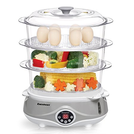 Excelvan 3 Tier Digital Compact Food Vegetables Steamer, 11L, 1000W, Multi-functional, Healthy Cooking, Grey & White