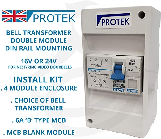 PROTEK Bell Transformer 16V 24V for Video Door Bell Enclosure Wall Mounted Installation Kit 4 Module 6A MCB   Blank (BT8-24 24V Transformer)