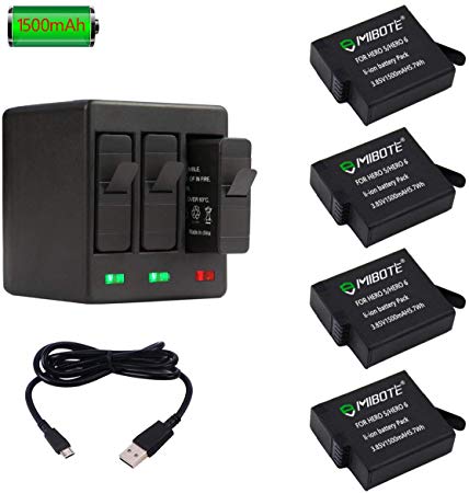 4 x Replacement Battery and 3-Channel Charger for Gopro Hero 6,Hero Black,Hero 5, Hero Black,Hero(2018) by Mibote (Compatible with v02.51, v02.00, v01.57 and All Future Updates)