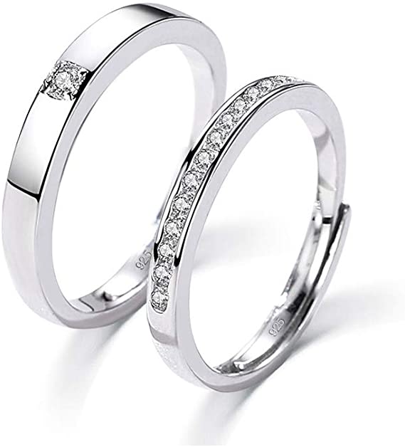 Flechazo 1 Pair Adjustable Couple Rings Finger Rings Wedding Rings with Drill Row for Couple Husband & Wife Girlfriend & Boyfriend