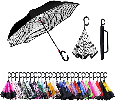 Inverted Umbrella Cars Reverse Umbrella UV Protection Windproof Umbrella for Car Rain Outdoor with C-Shaped Handle(Dark Blue Dot)