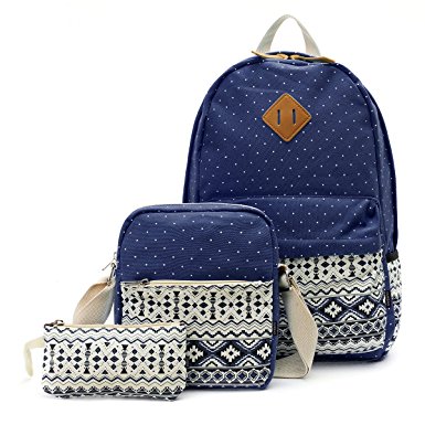 OURBAG Canvas Casual Lightweight Backpack Shoulder Bags Wallet 3PCS Set for Women