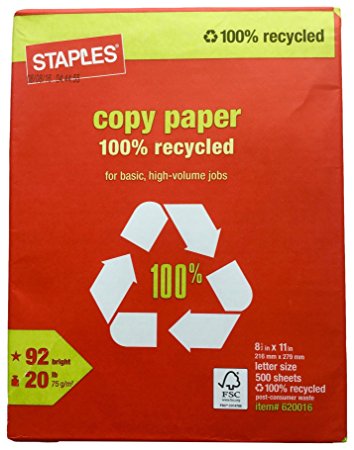 Staples 100% Recycled Copy Fax Laser Inkjet Printer Paper, 500 Sheets, Bright White