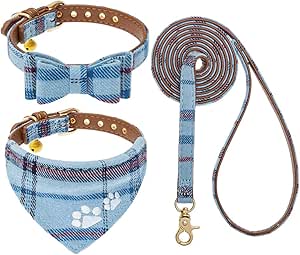 EXPAWLORER Dog Collar and Leash Set - Embroidery Pawprints Plaid Dog Collar and Dog Leash Set, Bow Tie and Bandana Dog Collar with Bell, Cute Collar and Leash for Dogs Cats Outdoor Walking, Blue S-M