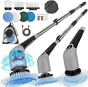 YKYI Electric Spin Scrubber,Cordless Electric Cleaning Brush,Power Scrubber with 8 Replaceable Brush Heads,3 Adjustable Speeds,Voice Broadcast,Shower Scrubber with Long Handle for Bathtub Tile Floor