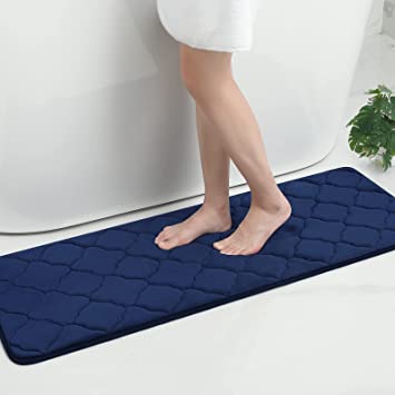 Olanly Memory Foam Bath Mat Rug, Ultra Soft Non Slip and Absorbent Bathroom Rug, Machine Wash Dry, Comfortable, Thick Bath Rug Carpet for Bathroom Floor, Tub and Shower, 17x47, Navy