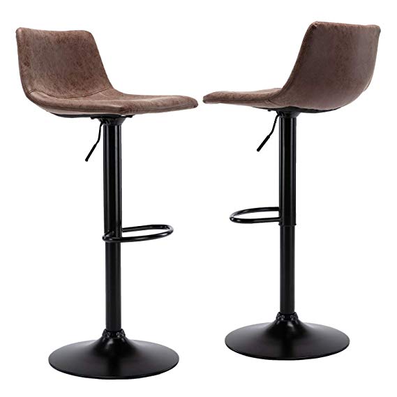 Wahson Height Adjustable Barstools for Pub, Kitchen and Home Bar with Back, Swivel Bar Chairs, Vintage Vinyl Leather, Set of 2, Retro Brown