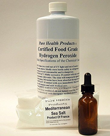 I Quart certified 35% Food Grade Hydrogen Peroxide (32 ounces - double for less) +FREE dropper bottle +FREE 4 ounces Mediterranean Sea Salt; recommended by One Minute Cure. Shipped fast.
