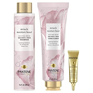 Pantene Shampoo & Conditioner   Rescue Shot Treatment, with Rose Water, Nutrient Blends Miracle Moisture Boost, Sulfate Free