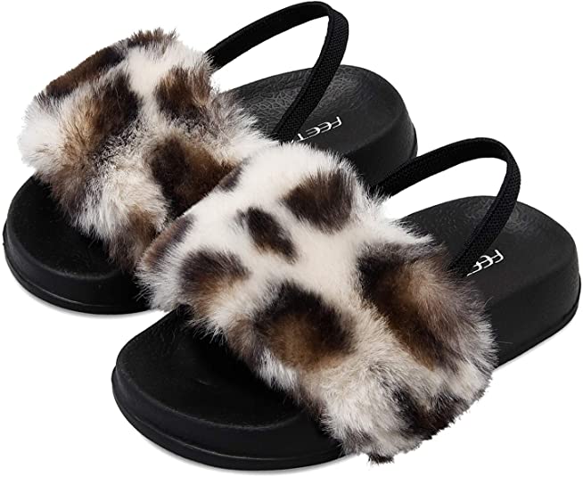 FEETCITY Girls Slippers Faux Fur Slide Toddler Furry Sandals with Elastic Back Strap Open Toe Slipper