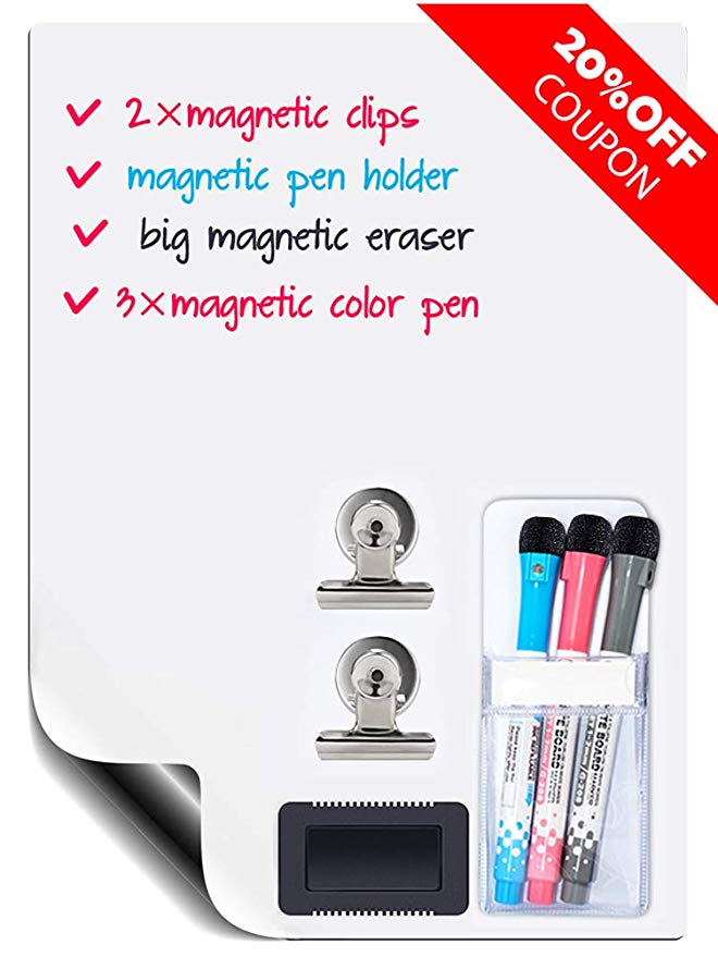 Magnetic-Dry-Erase-Whiteboard-Sheet for Fridge Stain Resistant Technology 17x12 Refrigerator White Board Organizer and Planner Includes 3 Markers,2 Clips,Pen Holder and Big Eraser with Magnets