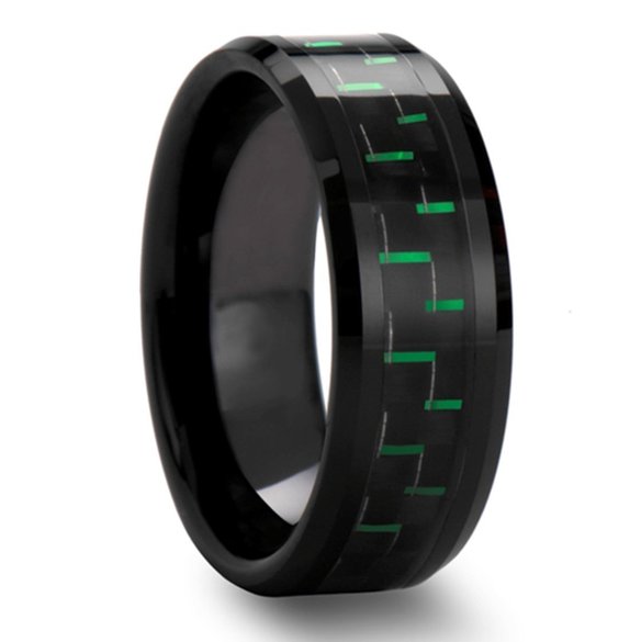 King Will Tungsten 8mm Black and Green Carbon Fiber Inlay Comfort Fit Men's Wedding Band Ring