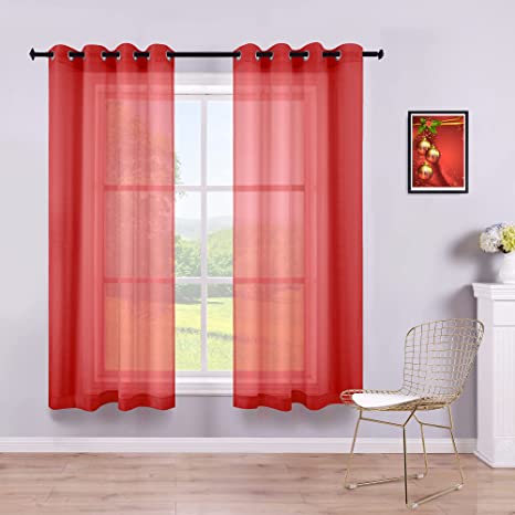 Red Curtains 45 Inch Length for Kitchen Set of 2 Panels Grommet Sheer Drapes Voile Half Short Christmas Curtains for Boys Bedroom Decor Decoration Small Windows Bathroom 52x45 Inches Long