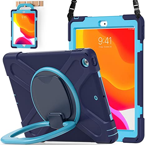 BATYUE iPad 8th/ 7th Generation Case, iPad 10.2 inch Case 2020/2019, Heavy Duty Rugged Kids Case with Screen Protector, Rotating Stand/Pencil Holder/Carrying Strap (Navy Blue)