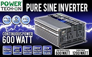 PowerTech ON Advanced Technology PURE SINE WAVE Inverter 600W Continuous/1200W Surge, 12V DC to 120V AC w/ Battery Clips, USB port 5V, 5 kinds of Protection Systems & 3 Output Sockets – PS1001